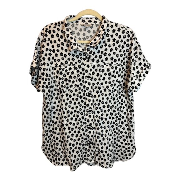 John Mark Blouse Women's Size Large Floral Short Sleeve Office Black White - Picture 1 of 4